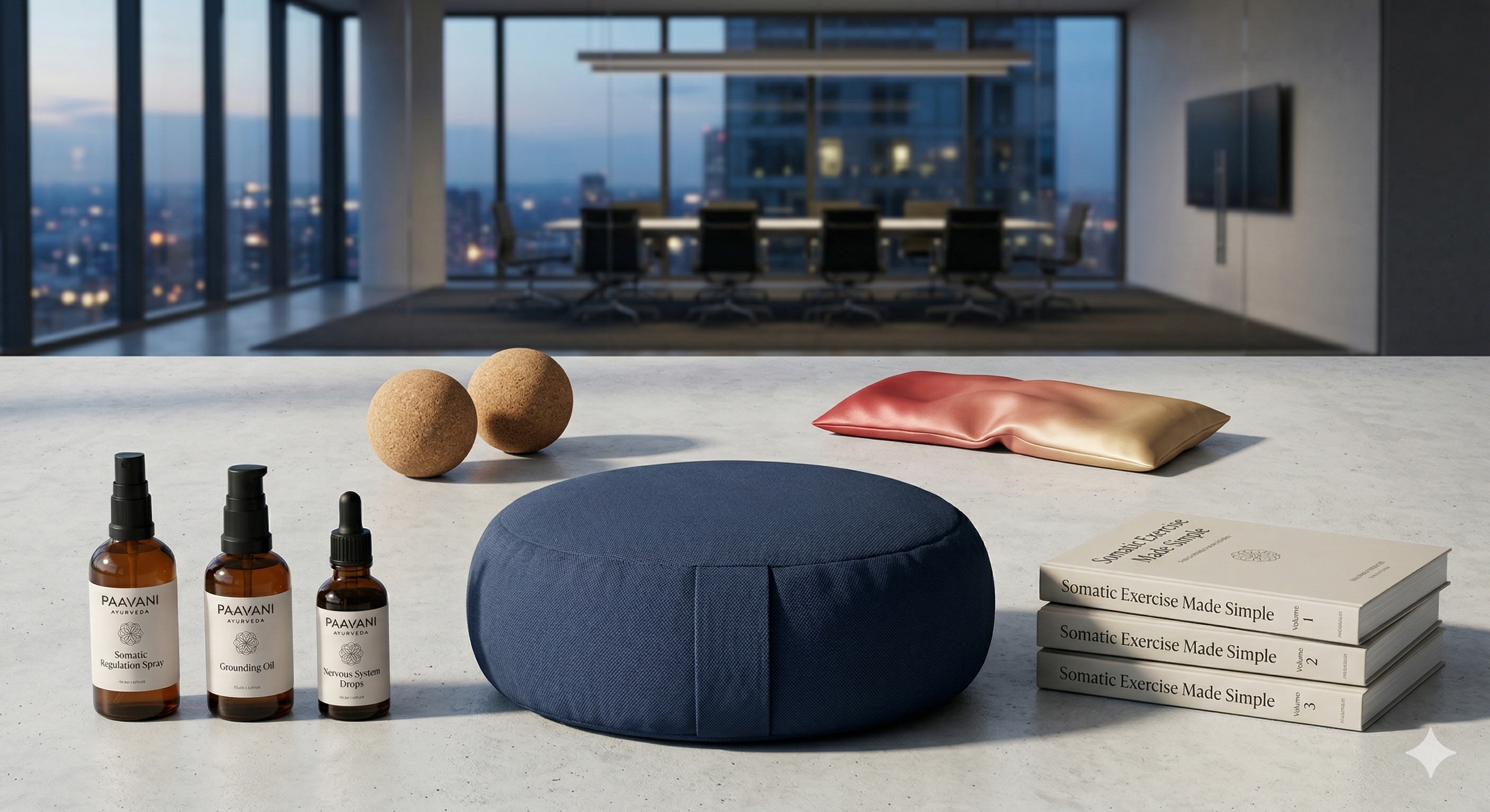 Corporate office with wellness products on a desk