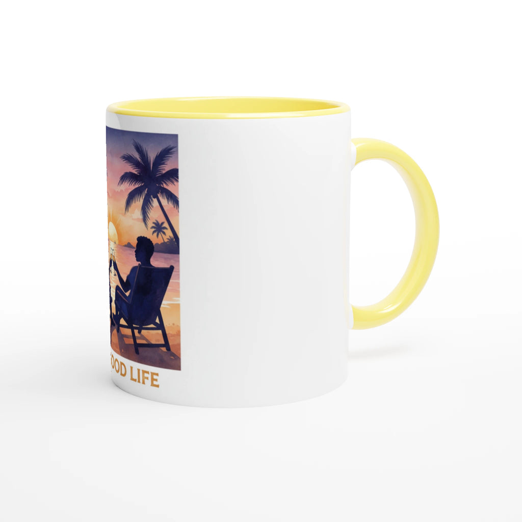 Mug with a beach scene and 'Good Life' text on a white background
