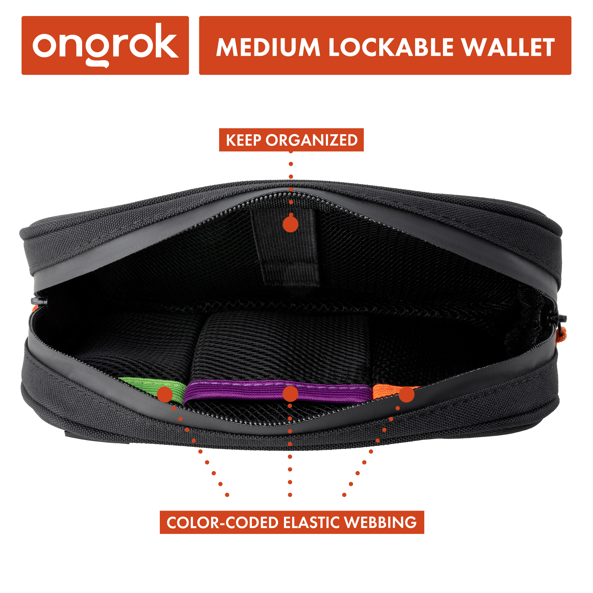 Black lockable wallet with color-coded elastic webbing, featuring the brand 'ongrok'.