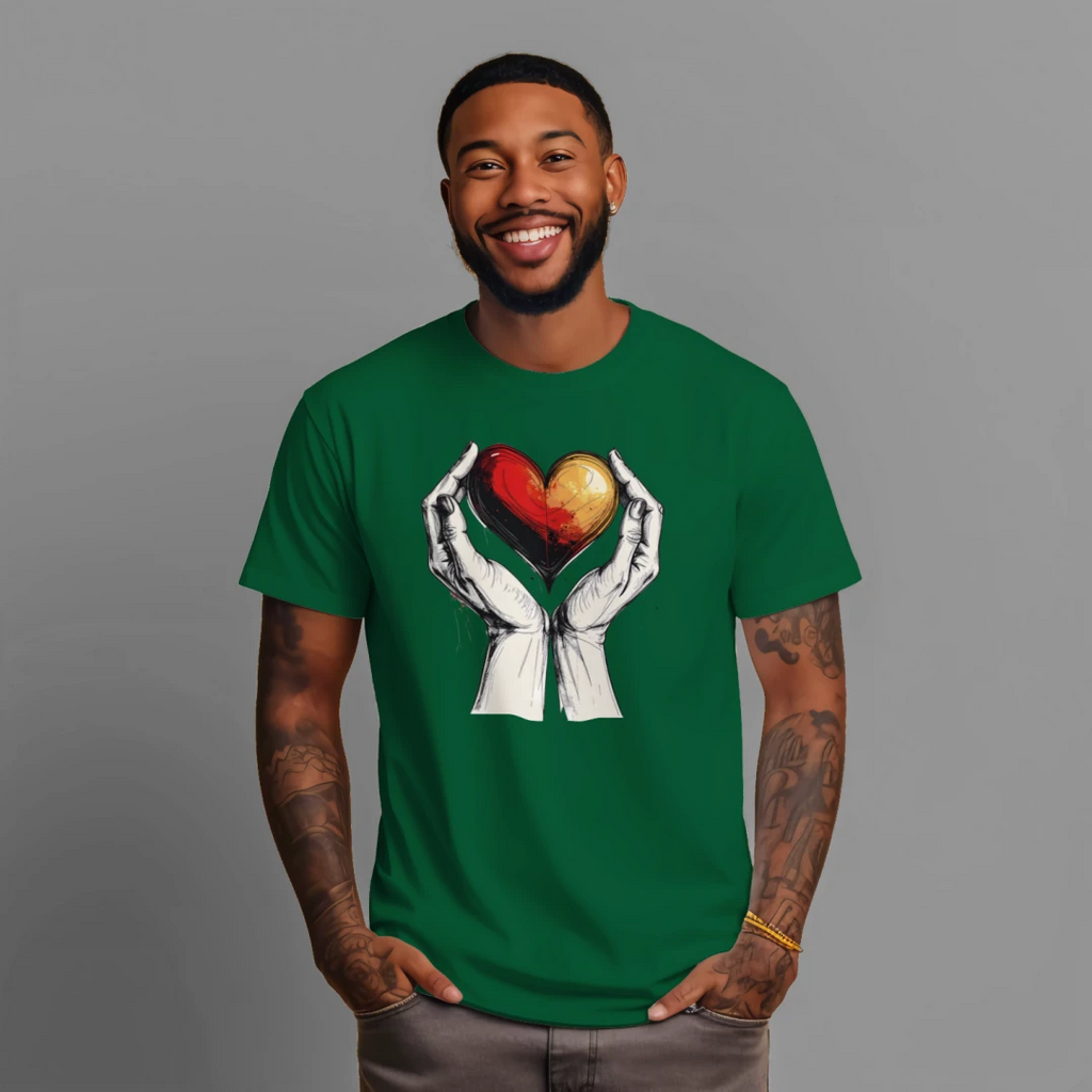 Man wearing a green t-shirt with a heart design against a gray background