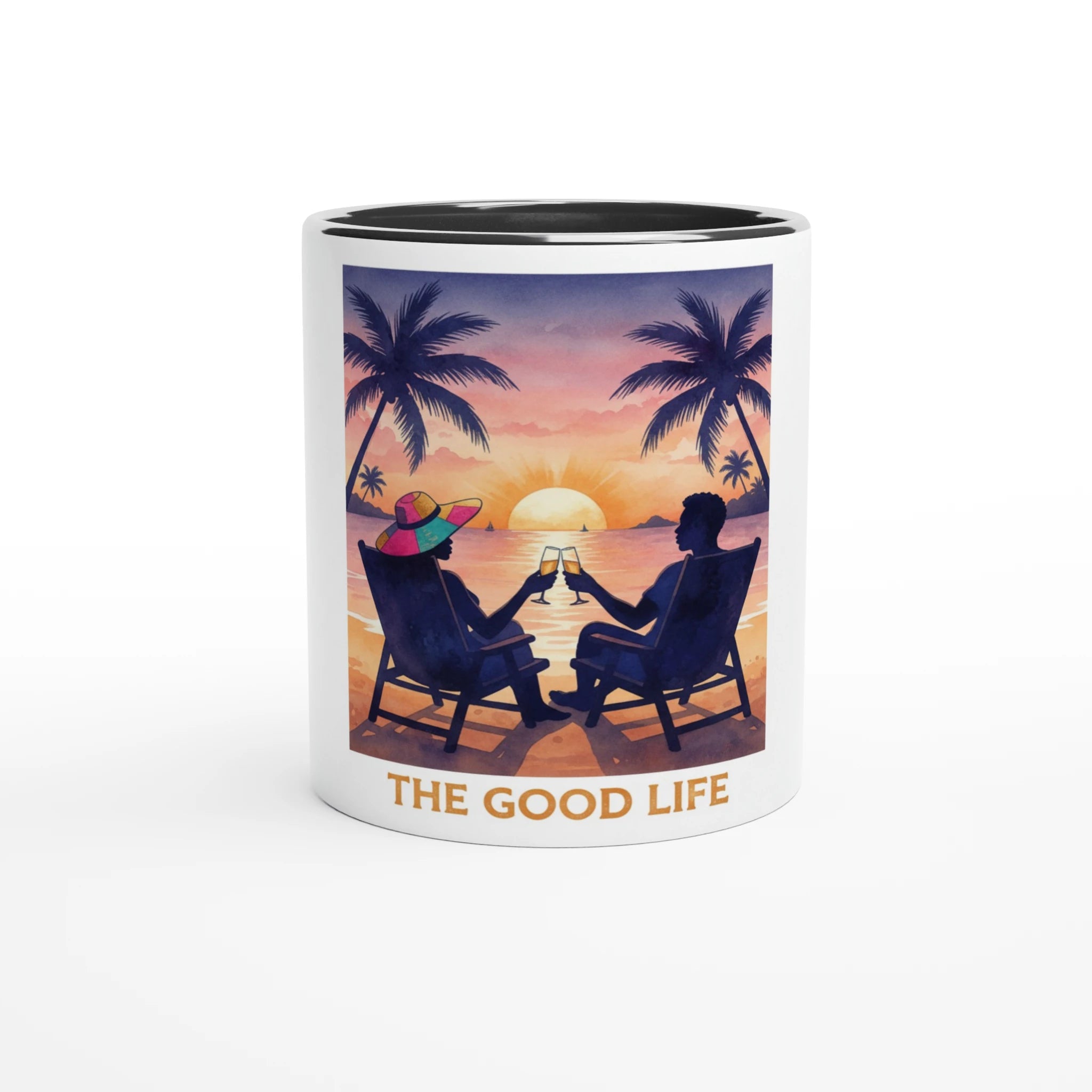 Mug with a beach scene and 'The Good Life' text on a white background