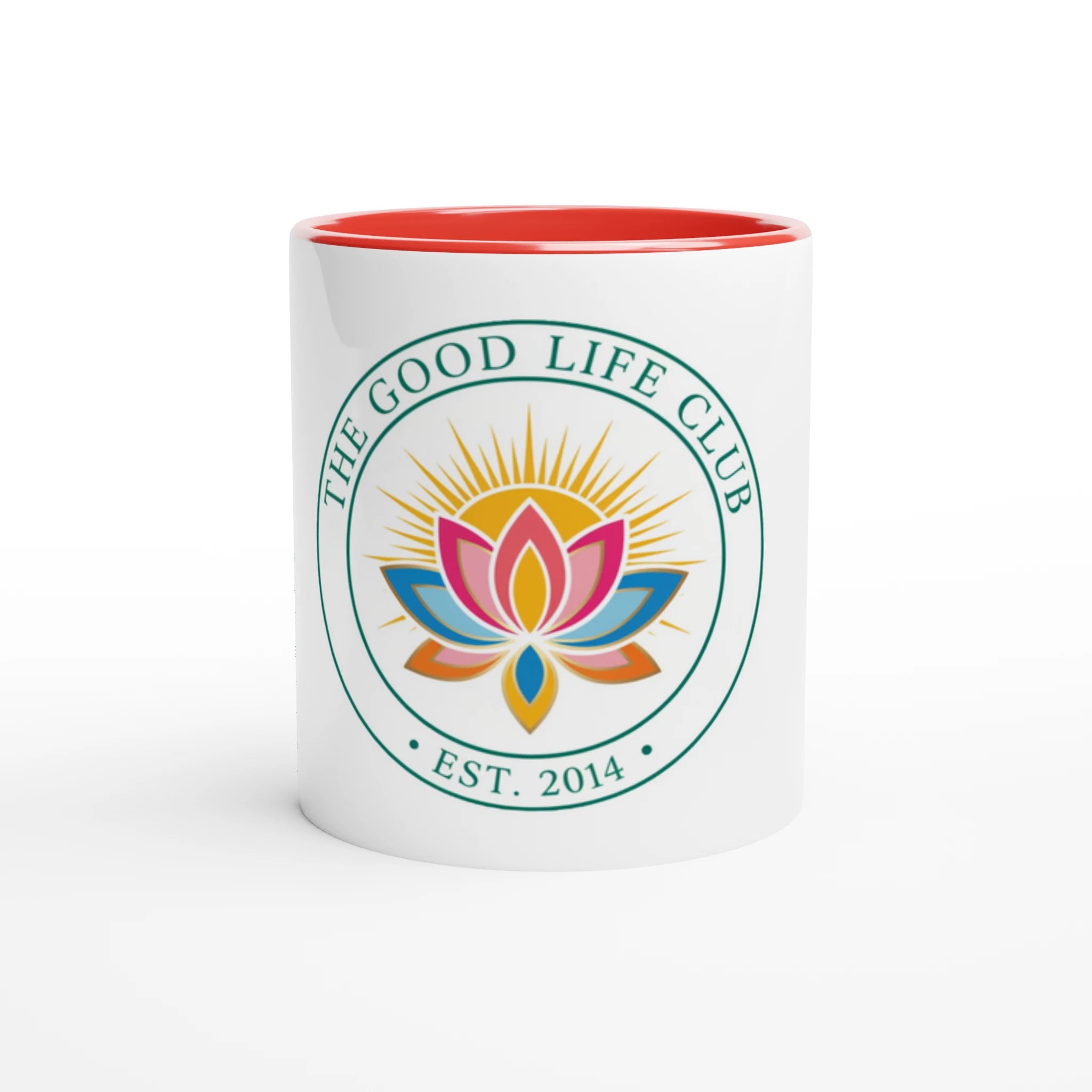 White mug with red interior and 'The Good Life Club' logo featuring a colorful lotus flower on a white background.
