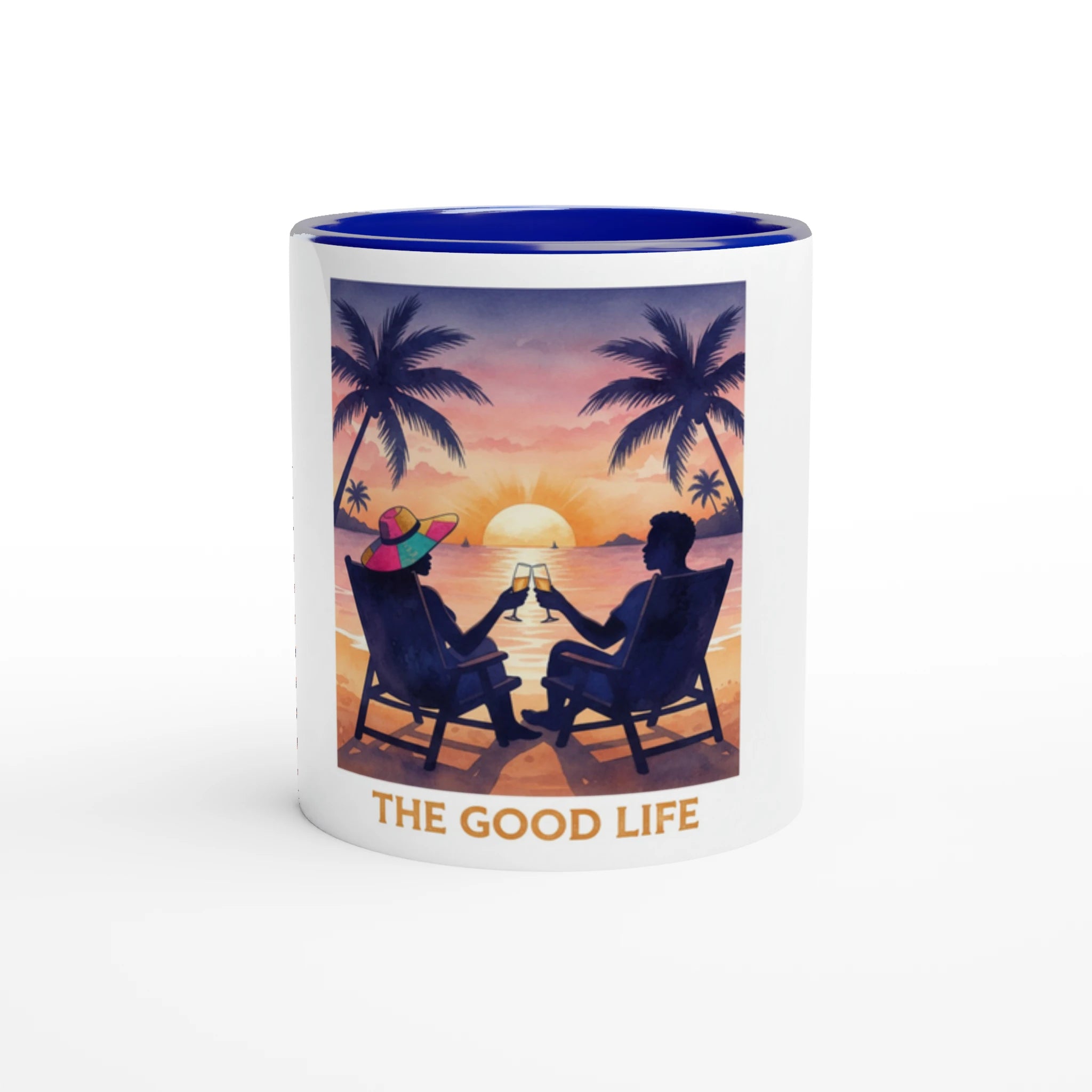 Mug with a beach scene and 'The Good Life' text on a white background
