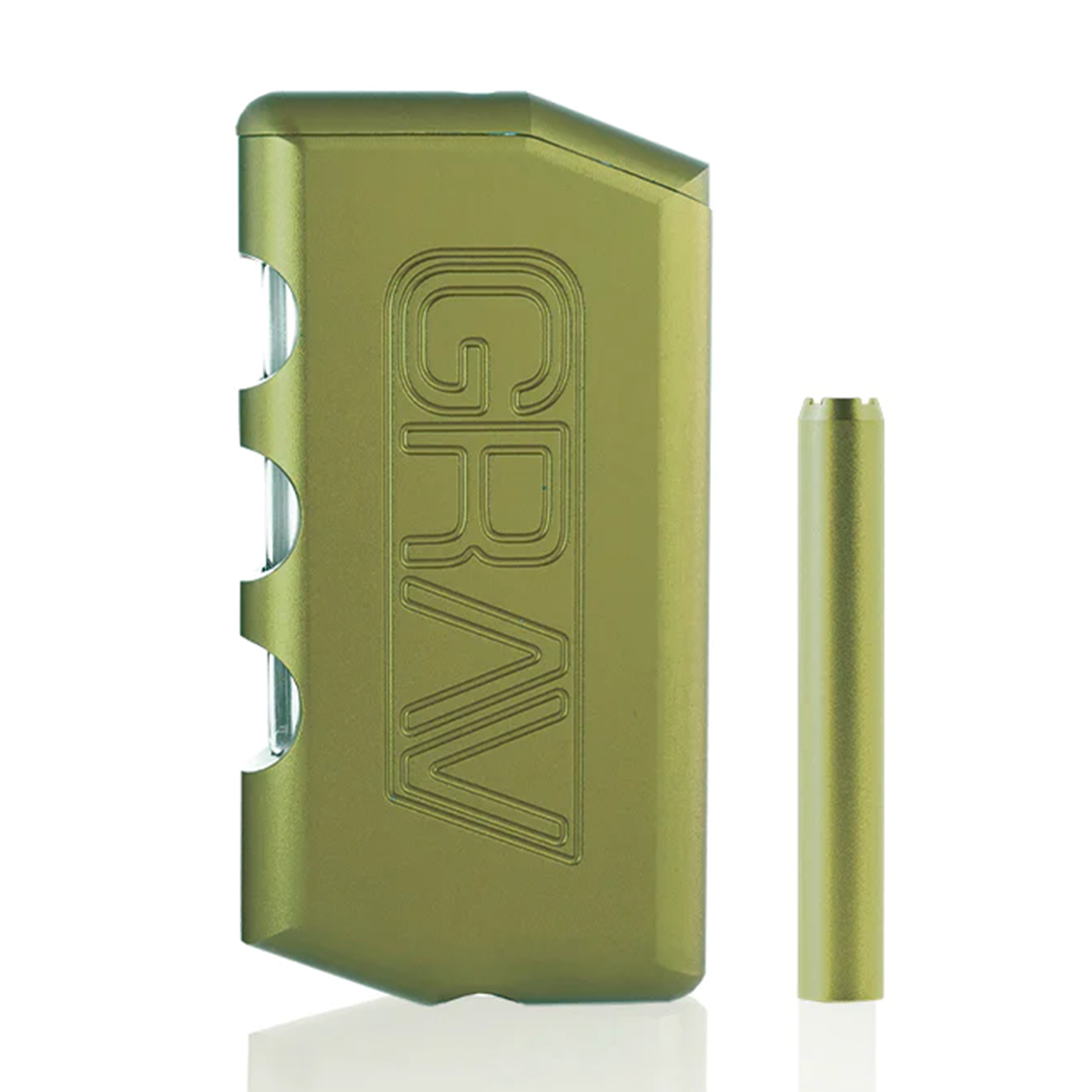 Green metal dugout device with 'GRAV' branding on a white background
