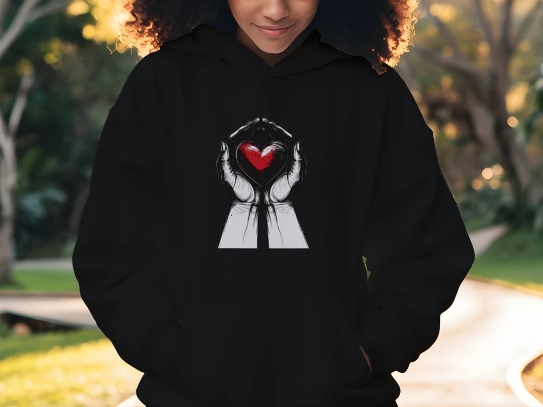 Person wearing a black hoodie with a heart design outdoors
