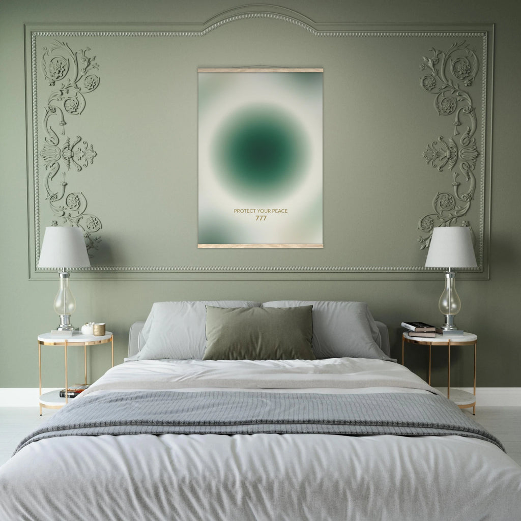Neatly made bed in a bedroom with decorative wall art and side tables.