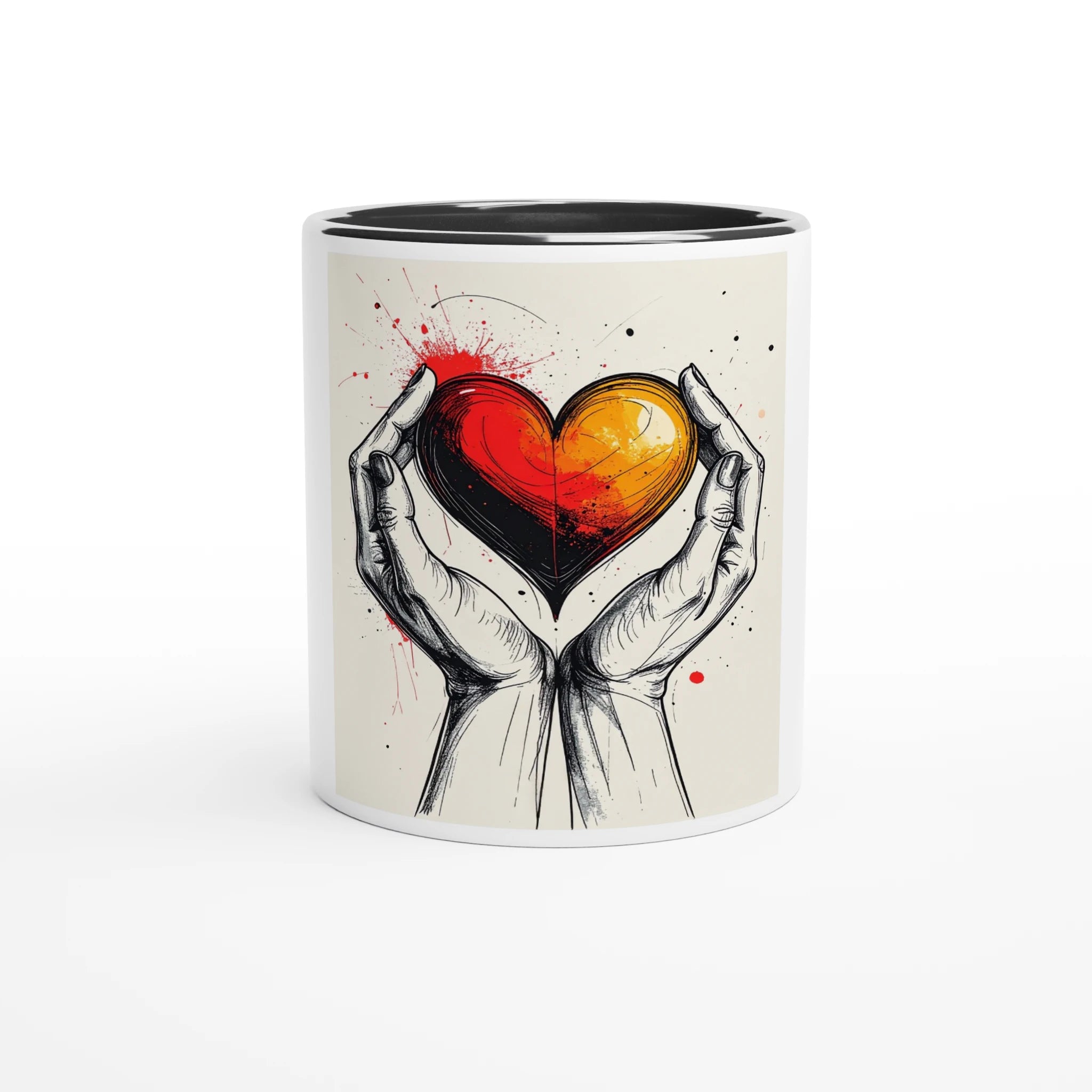 Mug with artistic design of hands holding a heart on a white background
