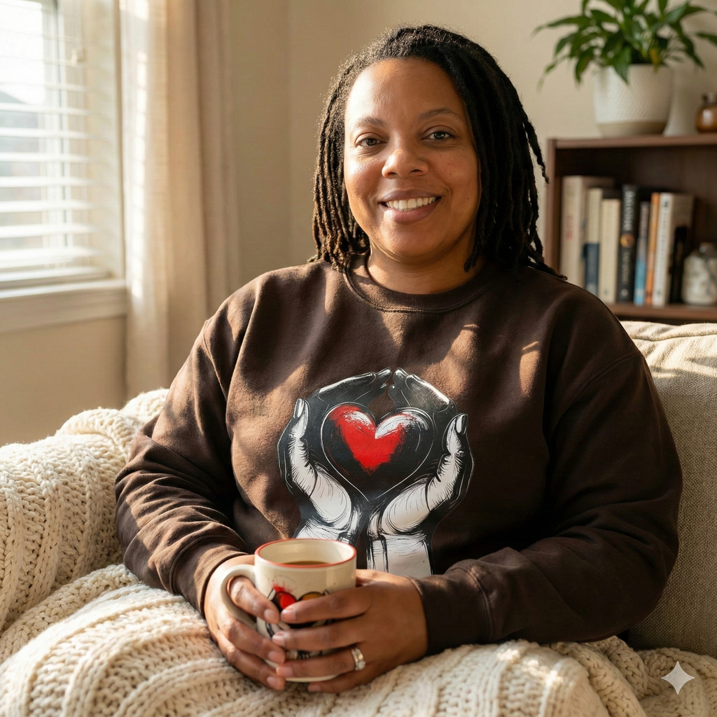 Person wearing a brown sweatshirt with a graphic design, holding a mug, sitting on a couch in a cozy room.