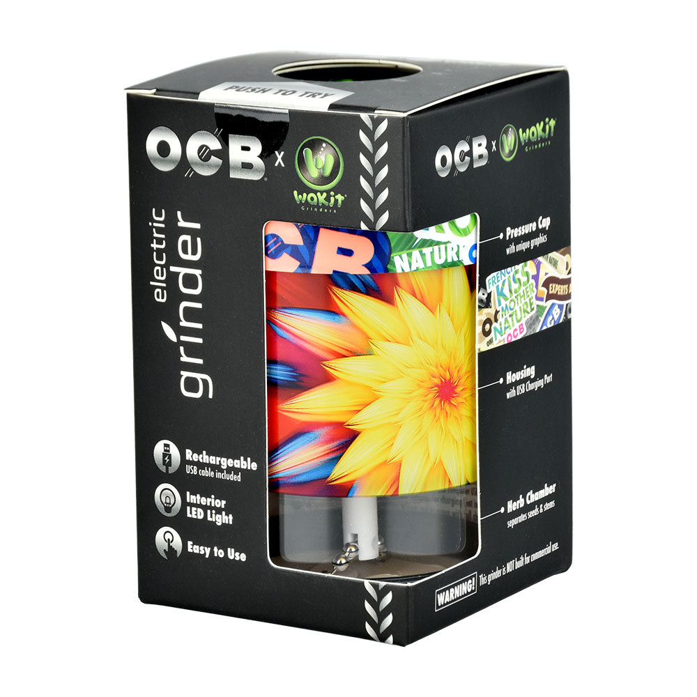 OCB electric grinder packaging with colorful grinder inside