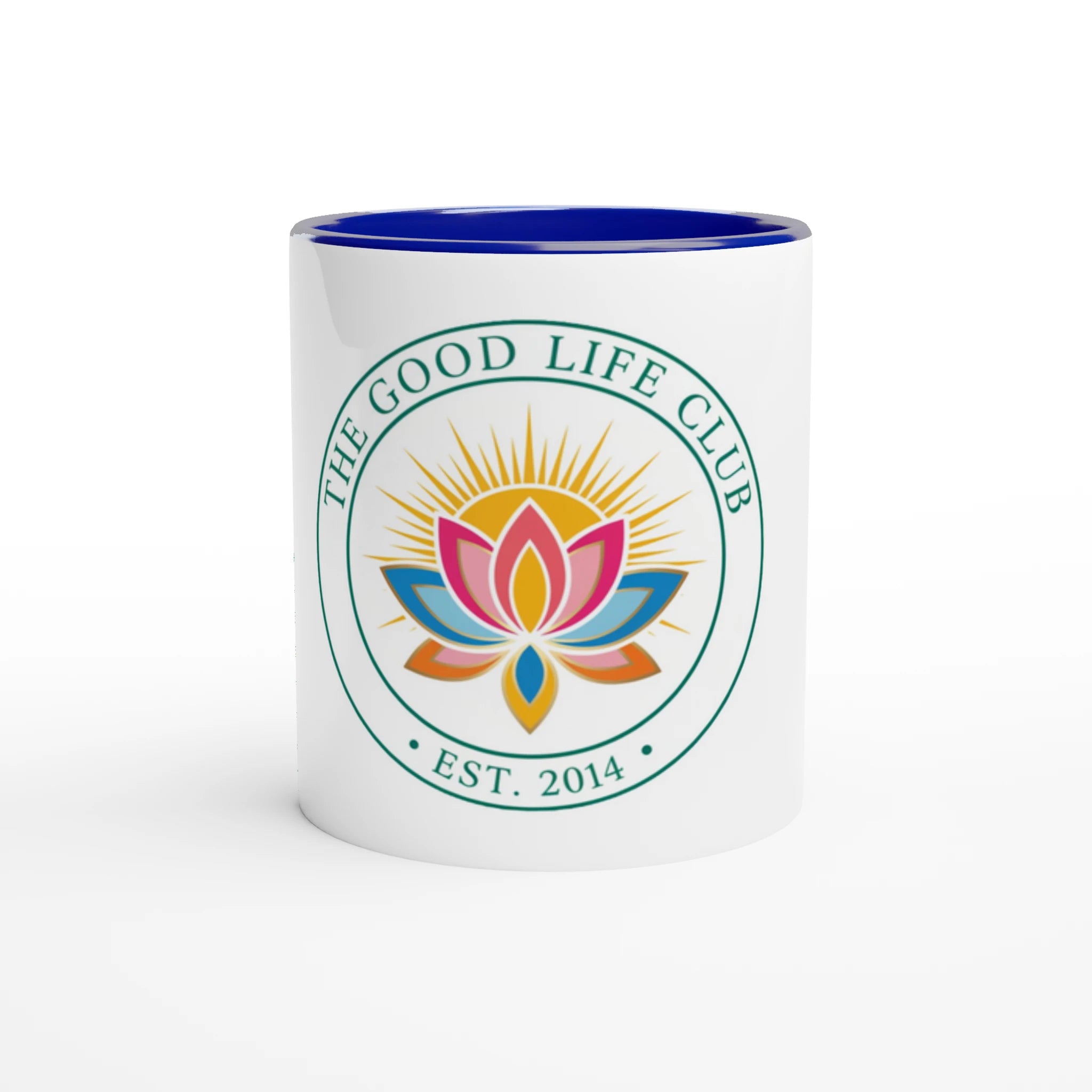 White mug with blue interior and 'The Good Life Club' logo featuring a colorful lotus flower on a white background.