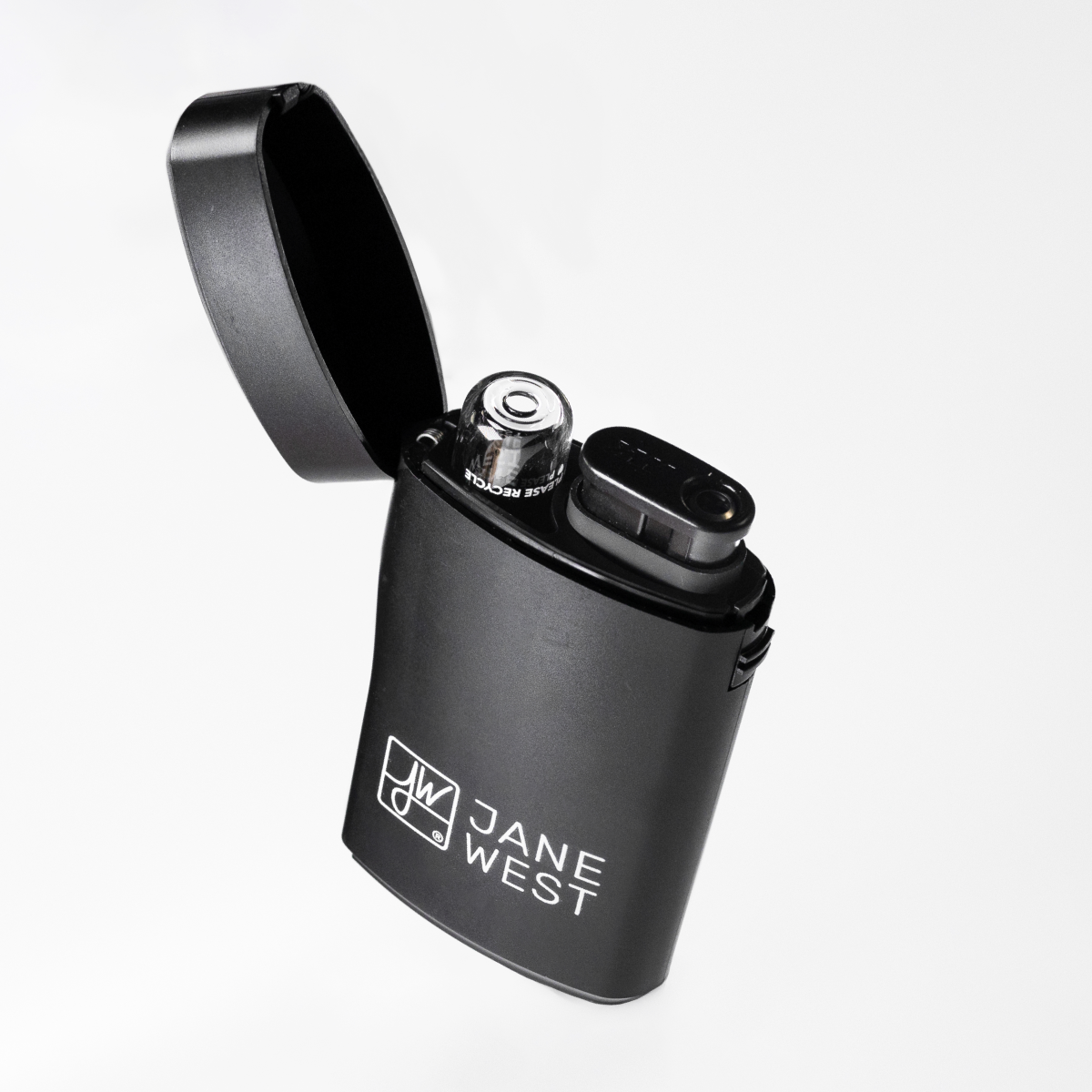An open black container with the Jane West logo on a white background containing a lighter and a glass pipe