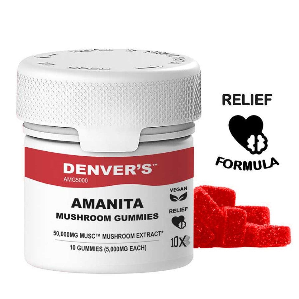 Jar of Denver's Amanita Mushroom Gummies with red gummies on a white background
