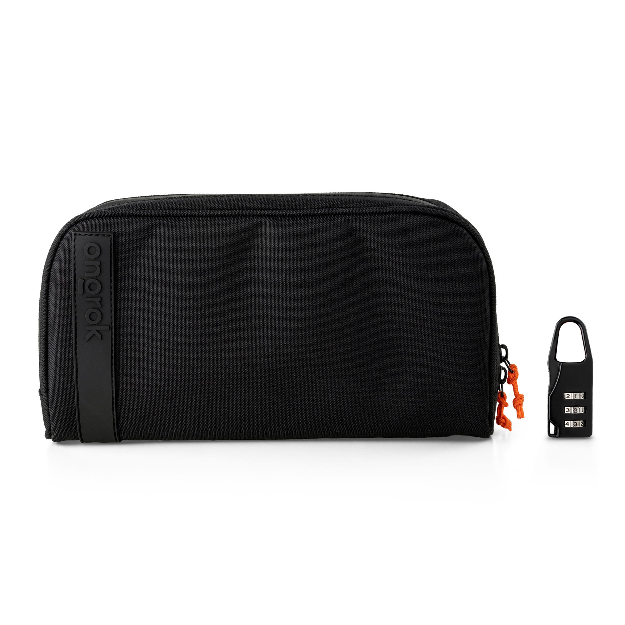 Black toiletry bag with a lock on a white background
