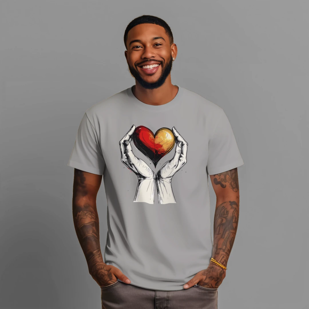 Man wearing a gray t-shirt with a graphic design of hands holding a heart on a gray background