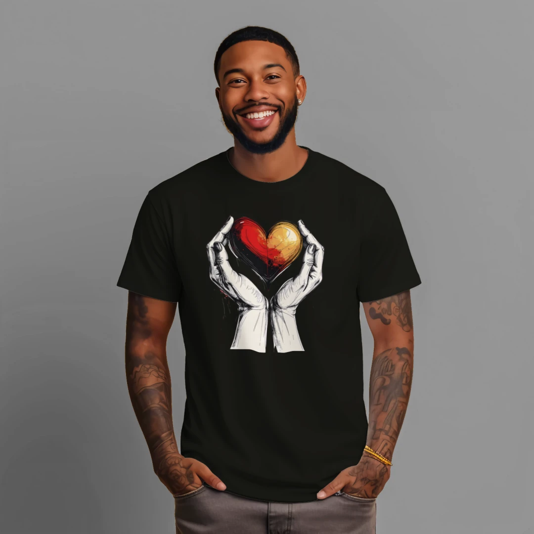 Man wearing a black t-shirt with a colorful heart design on a gray background