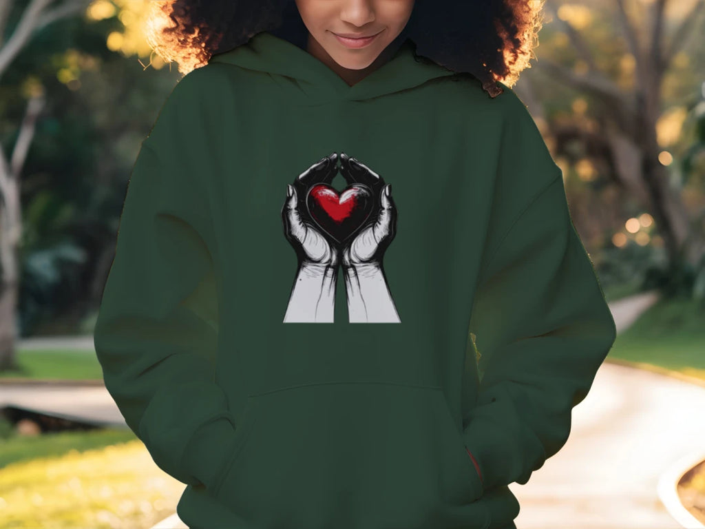 Person wearing a green hoodie with a heart design outdoors