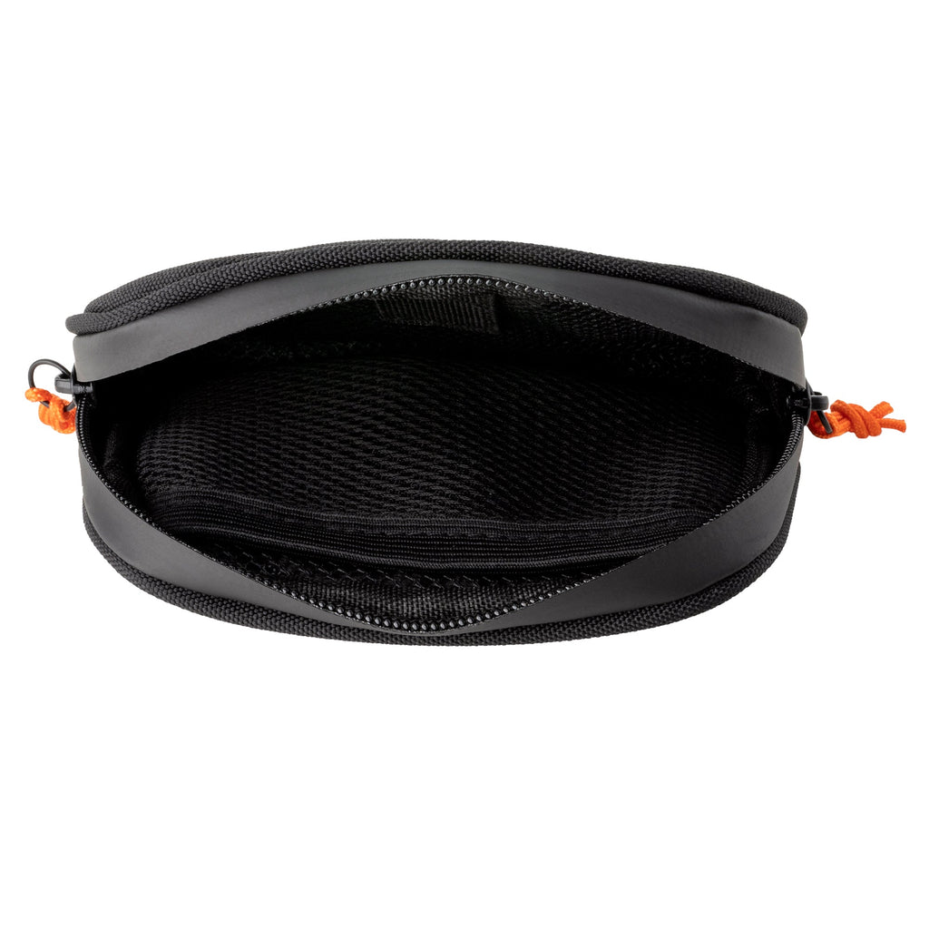 Black zippered pouch with orange zippers on a white background