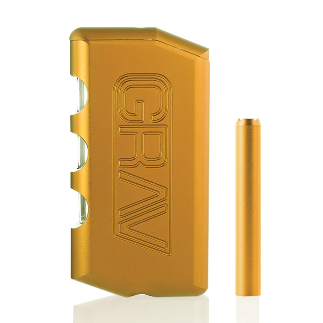 Gold metal Dugout device with 'GRAV' branding on a white background