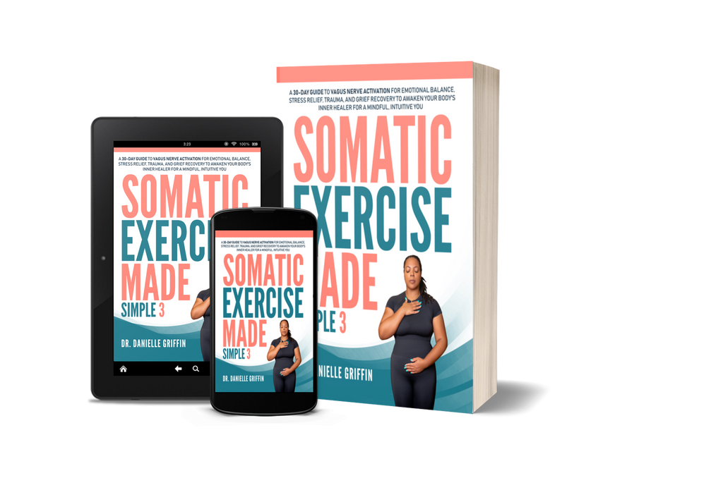 Book titled 'Somatic Exercise Made Simple' by Danielle Griffin, displayed with a tablet and smartphone showing the book cover.