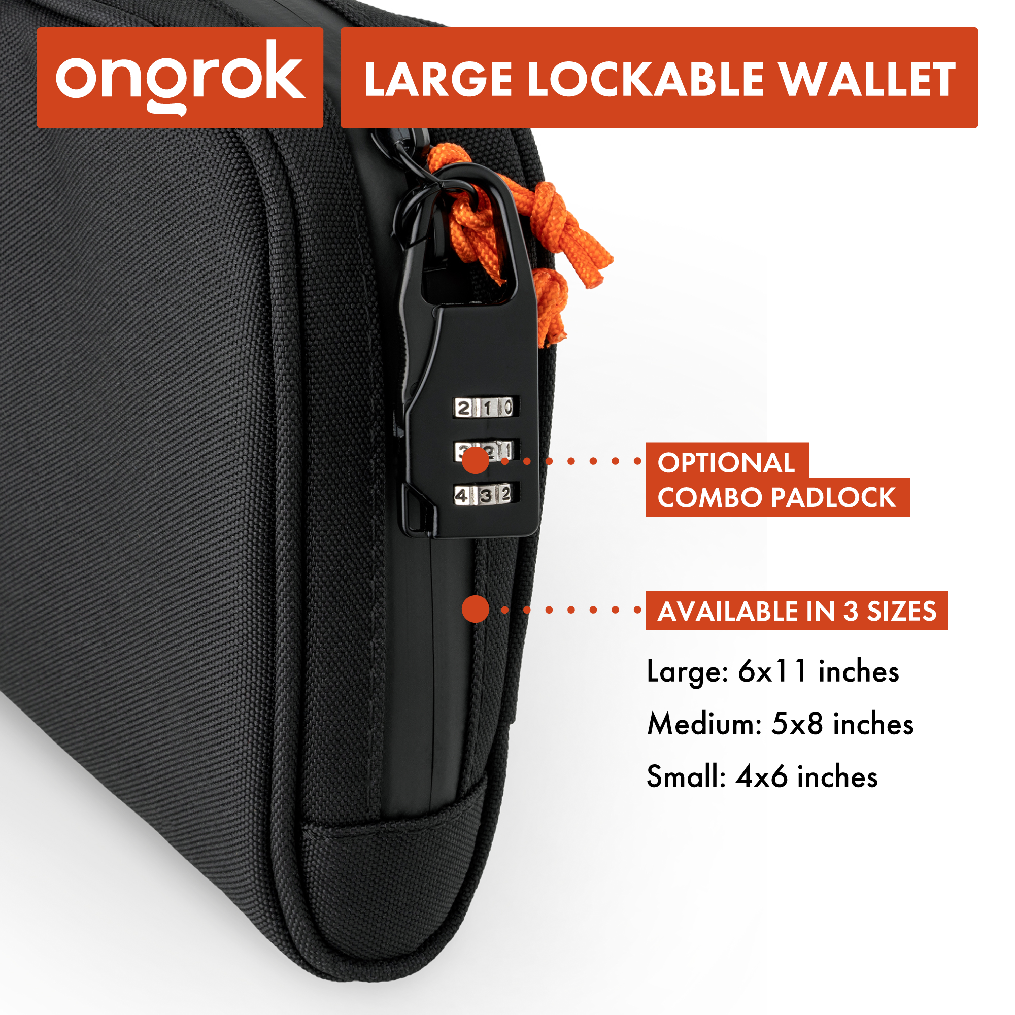 Black lockable wallet with ongrok branding and size information on a white background