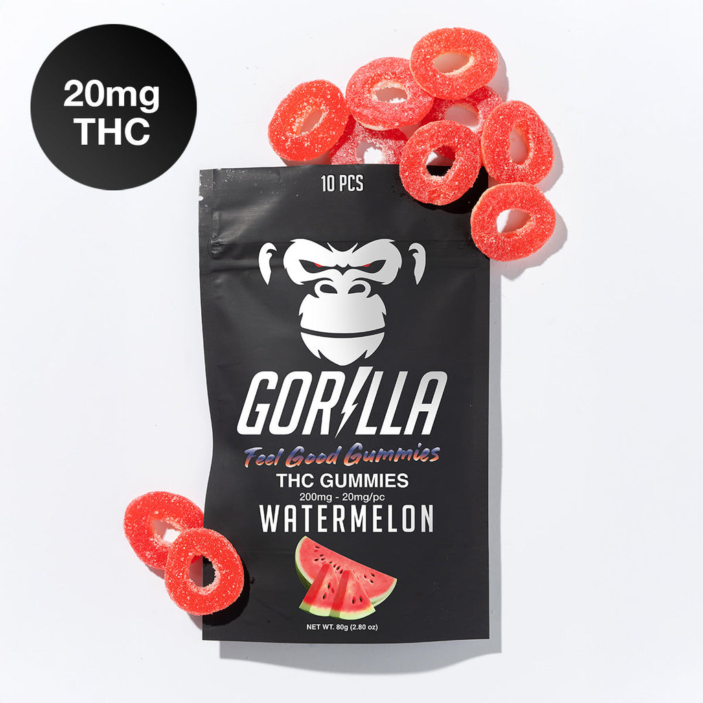 Gorilla THC gummies packaging with watermelon flavor on a white background