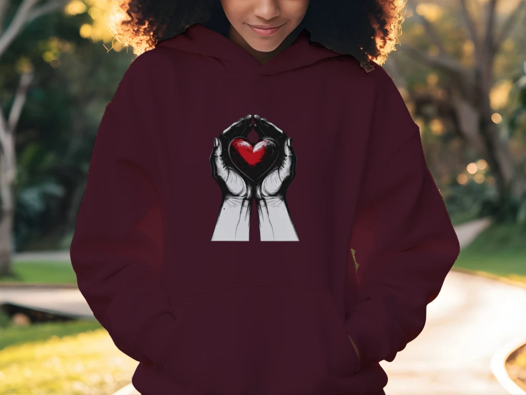 Person wearing a maroon hoodie with a graphic design of hands holding a heart outdoors.