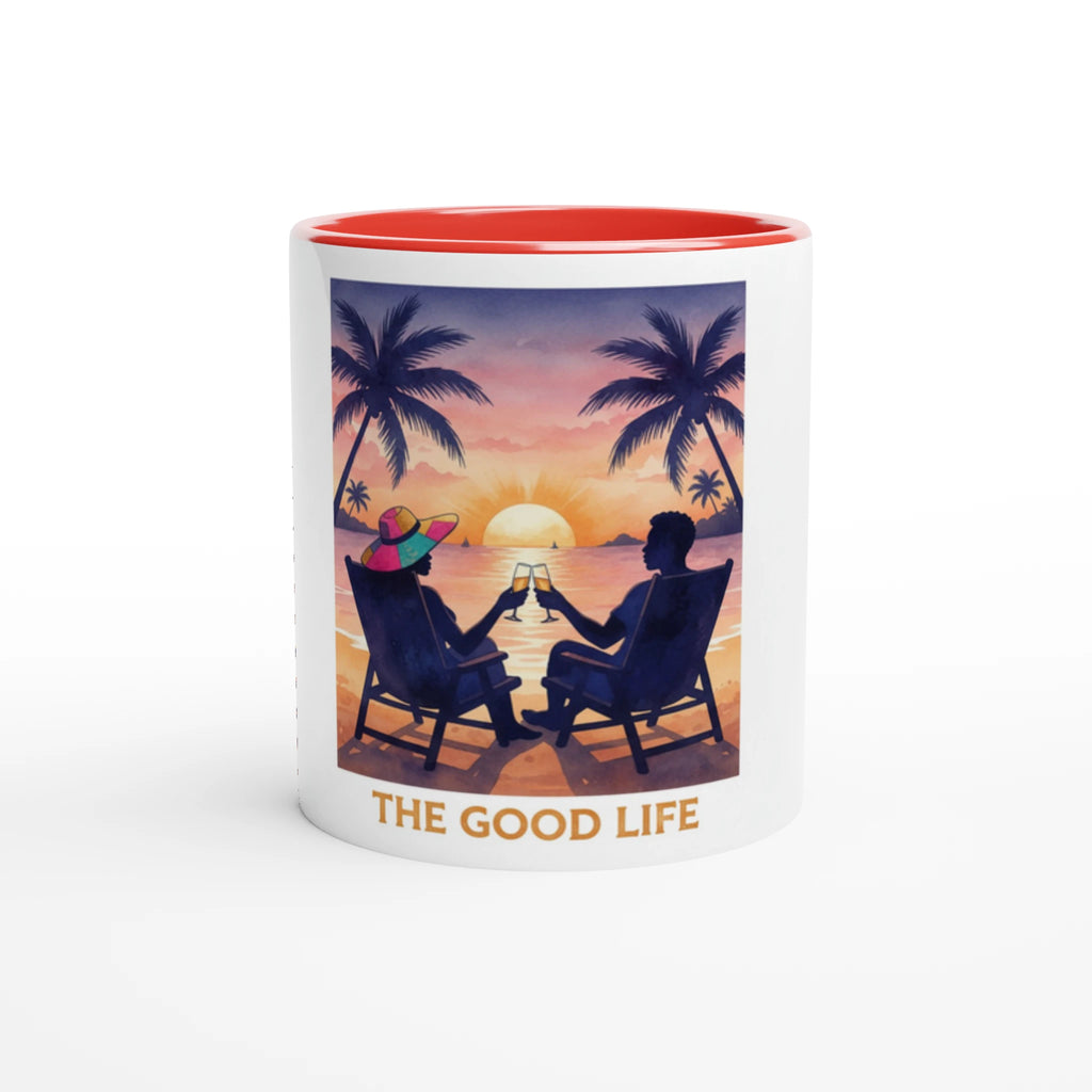 Mug with a tropical design of two people sitting in chairs under palm trees, clinking glasses, with 'The Good Life' text.