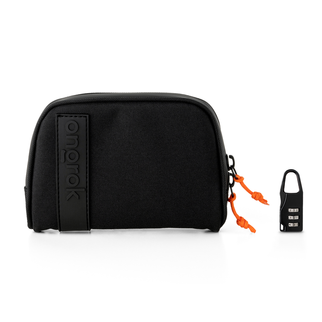 Black travel pouch with orange zipper and a matching lock on a white background