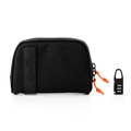 Black travel pouch with orange zipper and a matching lock on a white background