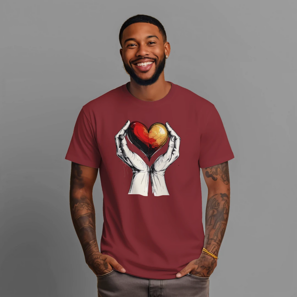 Man wearing a maroon t-shirt with a colorful heart design on a gray background
