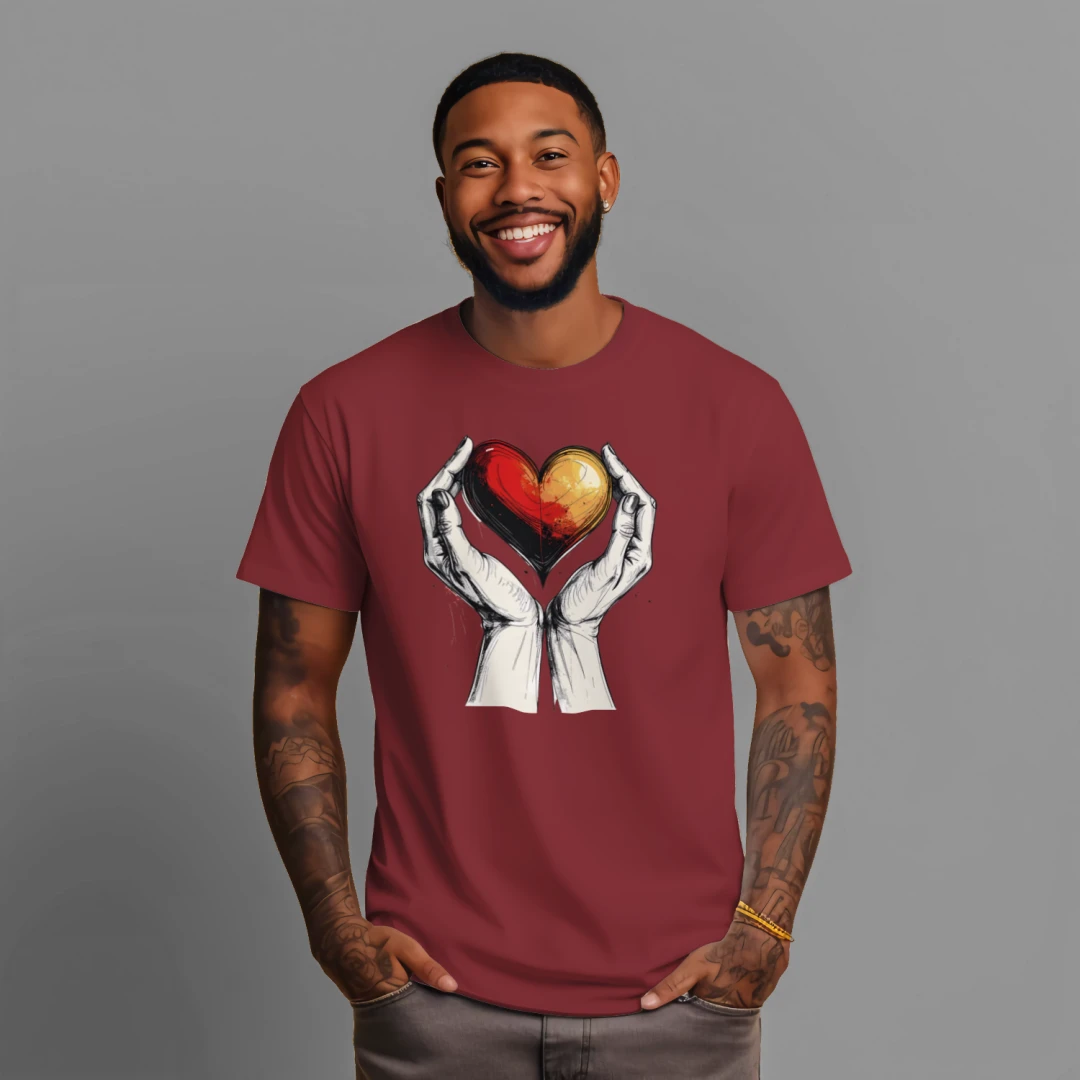 Man wearing a maroon t-shirt with a colorful heart design on a gray background