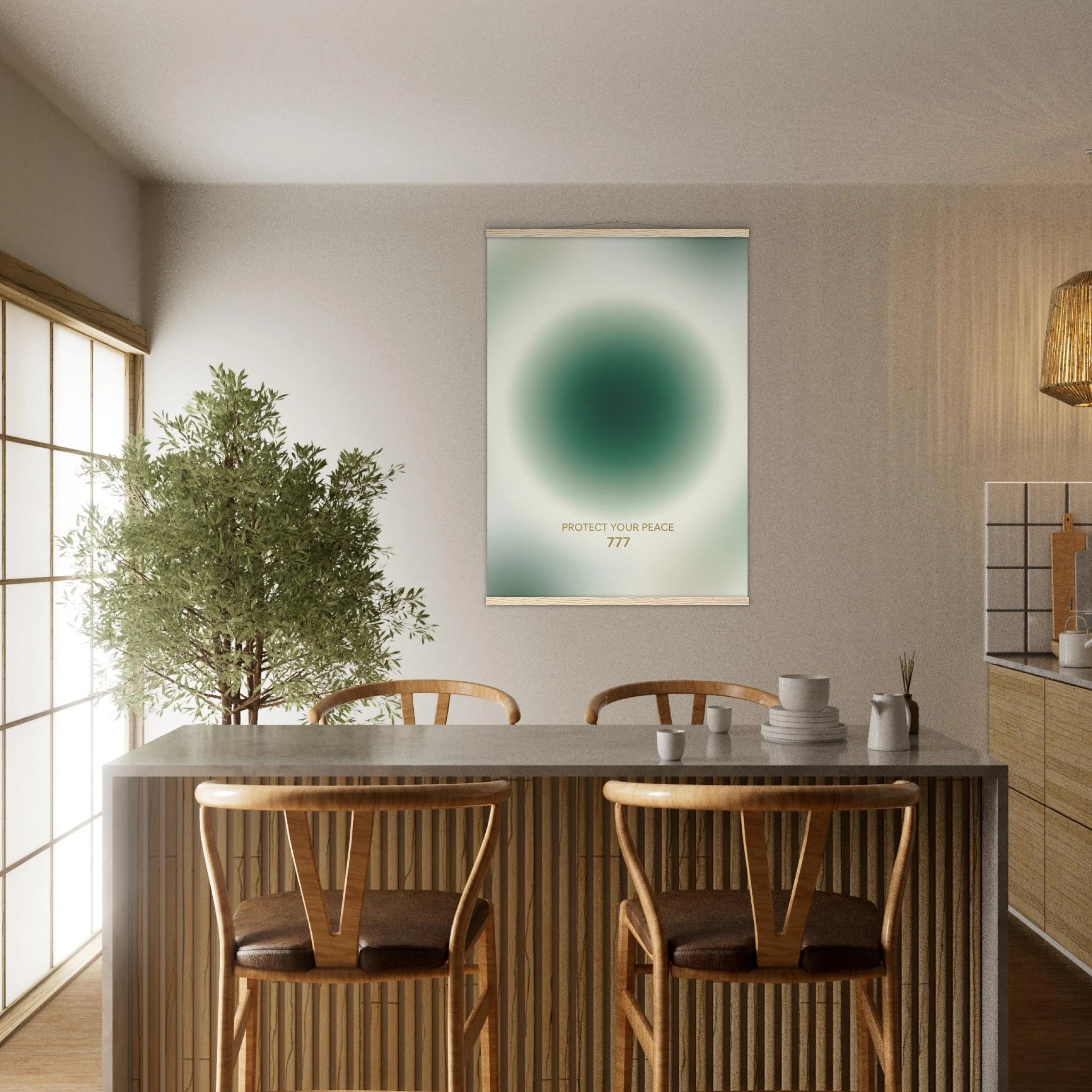 Dining area with wooden chairs, a table, and a wall art piece in a modern kitchen.