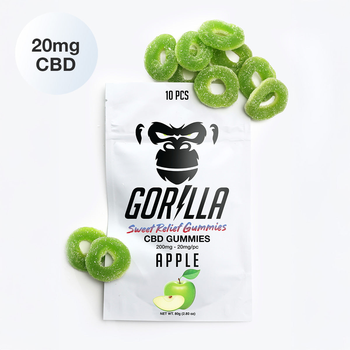Gorilla CBD gummies packaging with green gummy rings on a white background