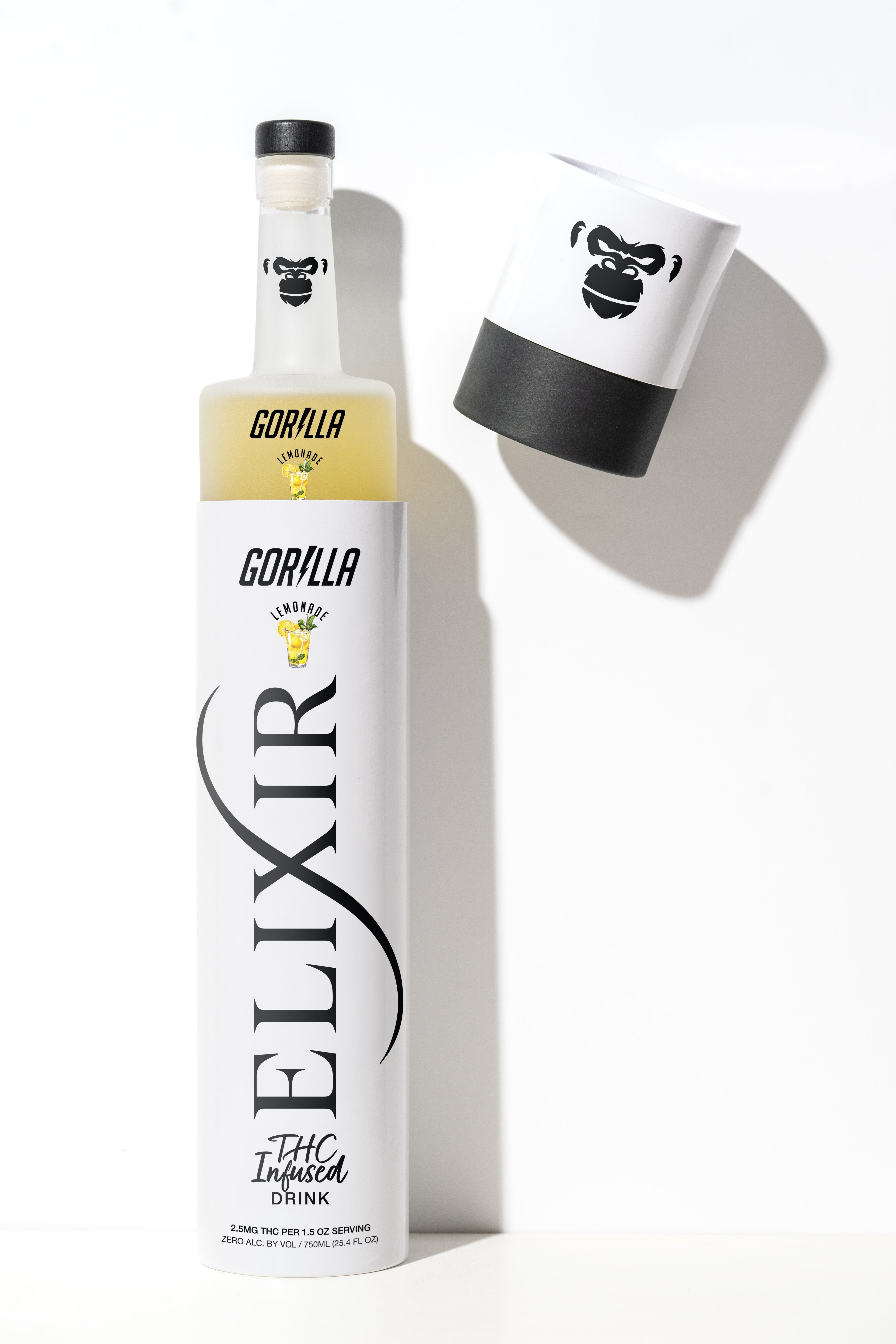 Gorilla Elixir THC-infused drink bottle with a white label on a white background