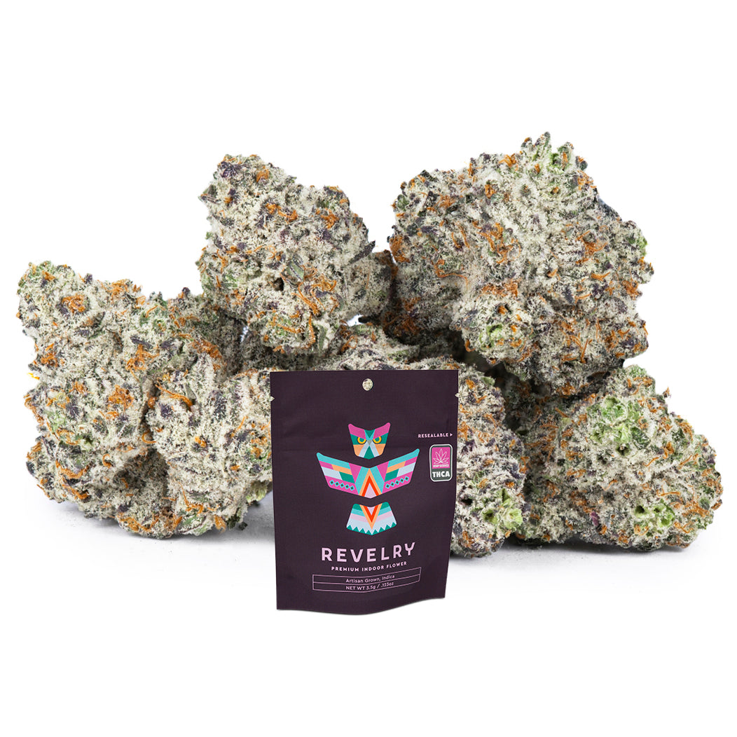 Bundles of cannabis with a Revelry packaging label on a white background
