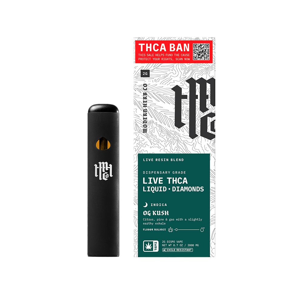 Black vape pen with THCA Ban packaging on a white background