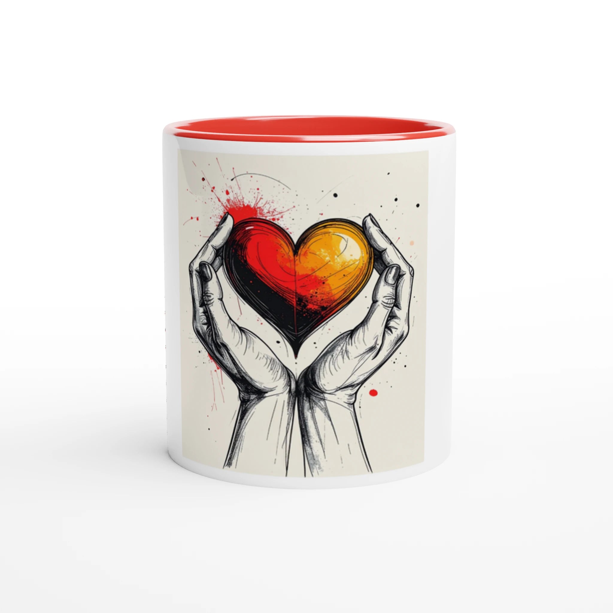 Mug with artistic design of hands holding a heart on a white background
