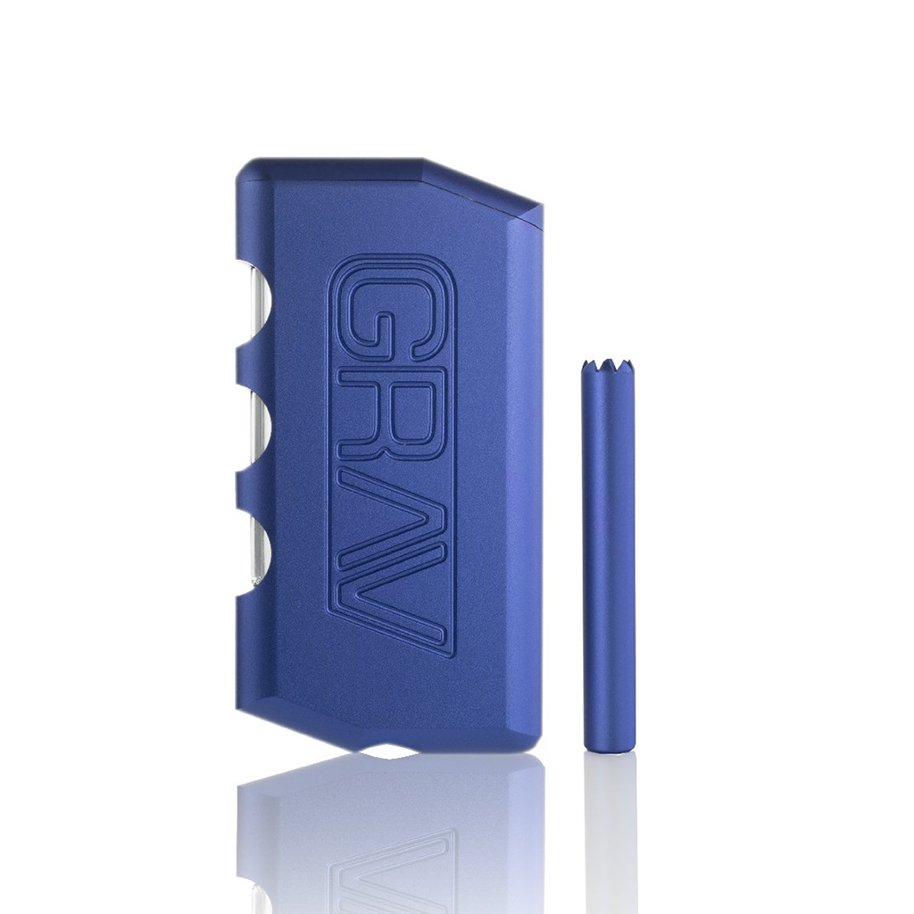 Blue metal Dugout device with 'GRAV' branding on a white background