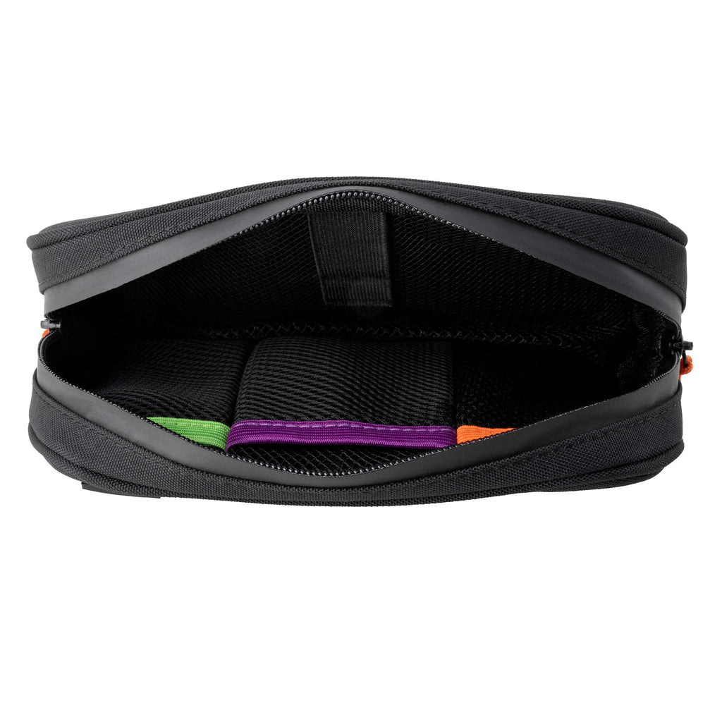 Black zippered pouch with colorful pens inside on a white background