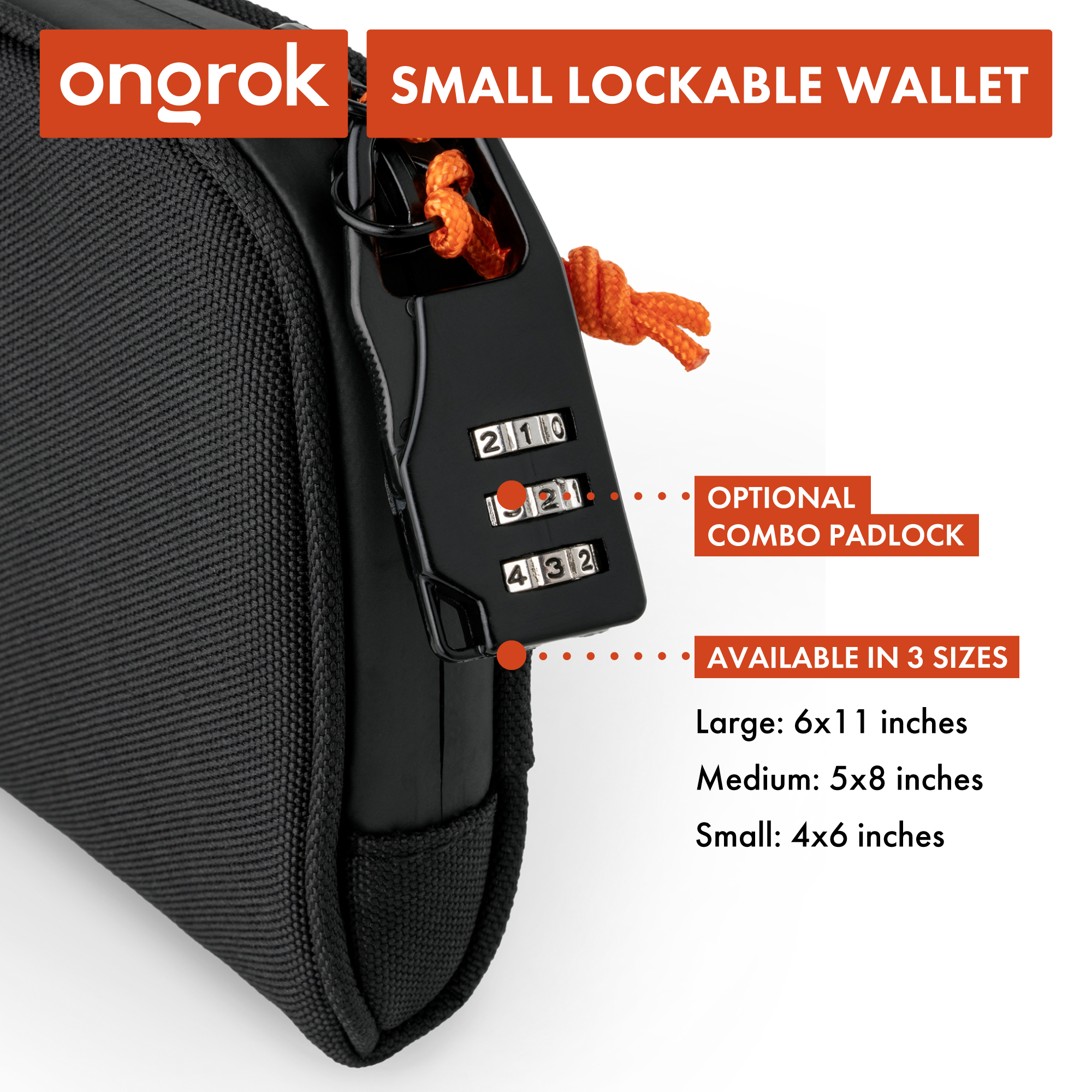 Black small lockable wallet with a combination lock, featuring the brand 'ongrok'.