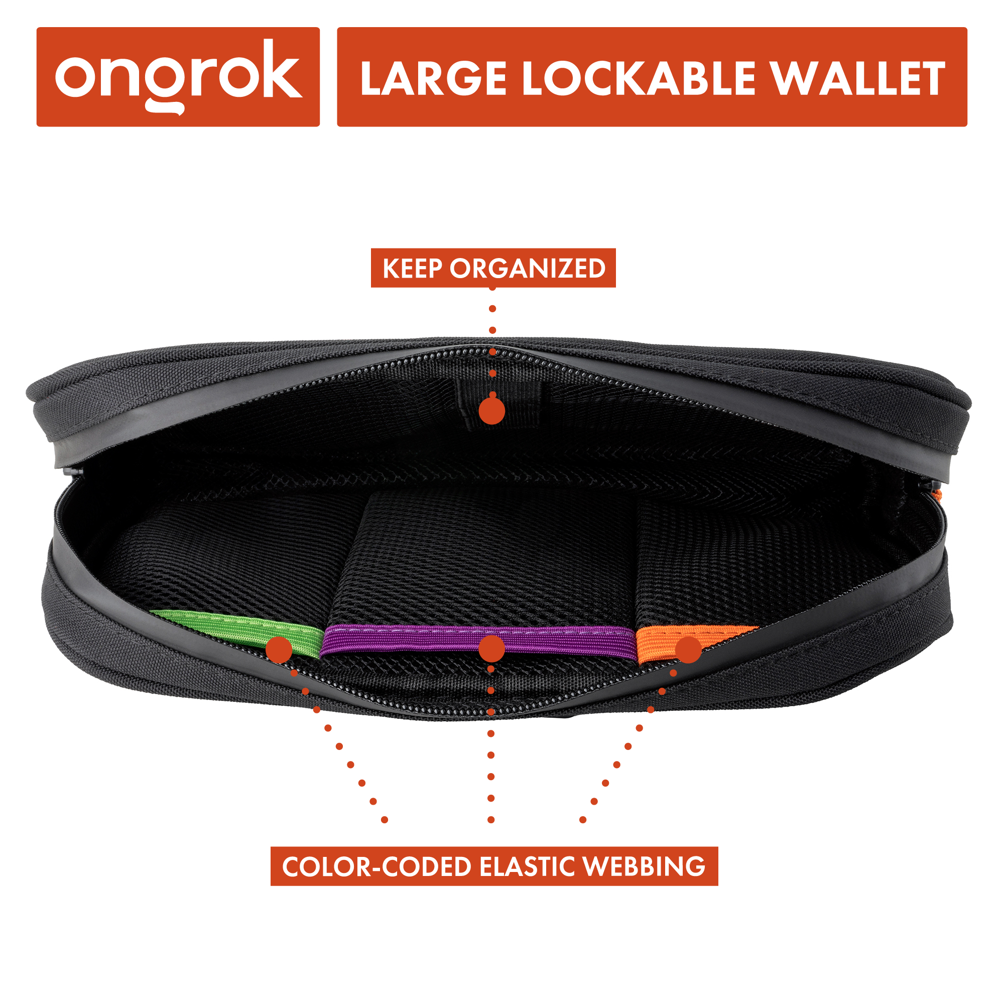 Black large lockable wallet with color-coded elastic webbing on a white background, featuring the brand 'ongrok'.