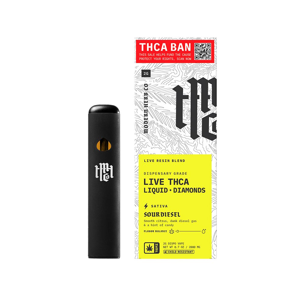 Black vape pen with THCA Ban packaging on a white background