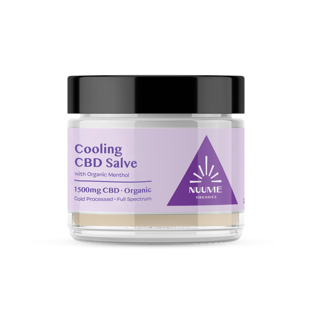 Jar of Nuuve Organics Cooling CBD Salve on a white background