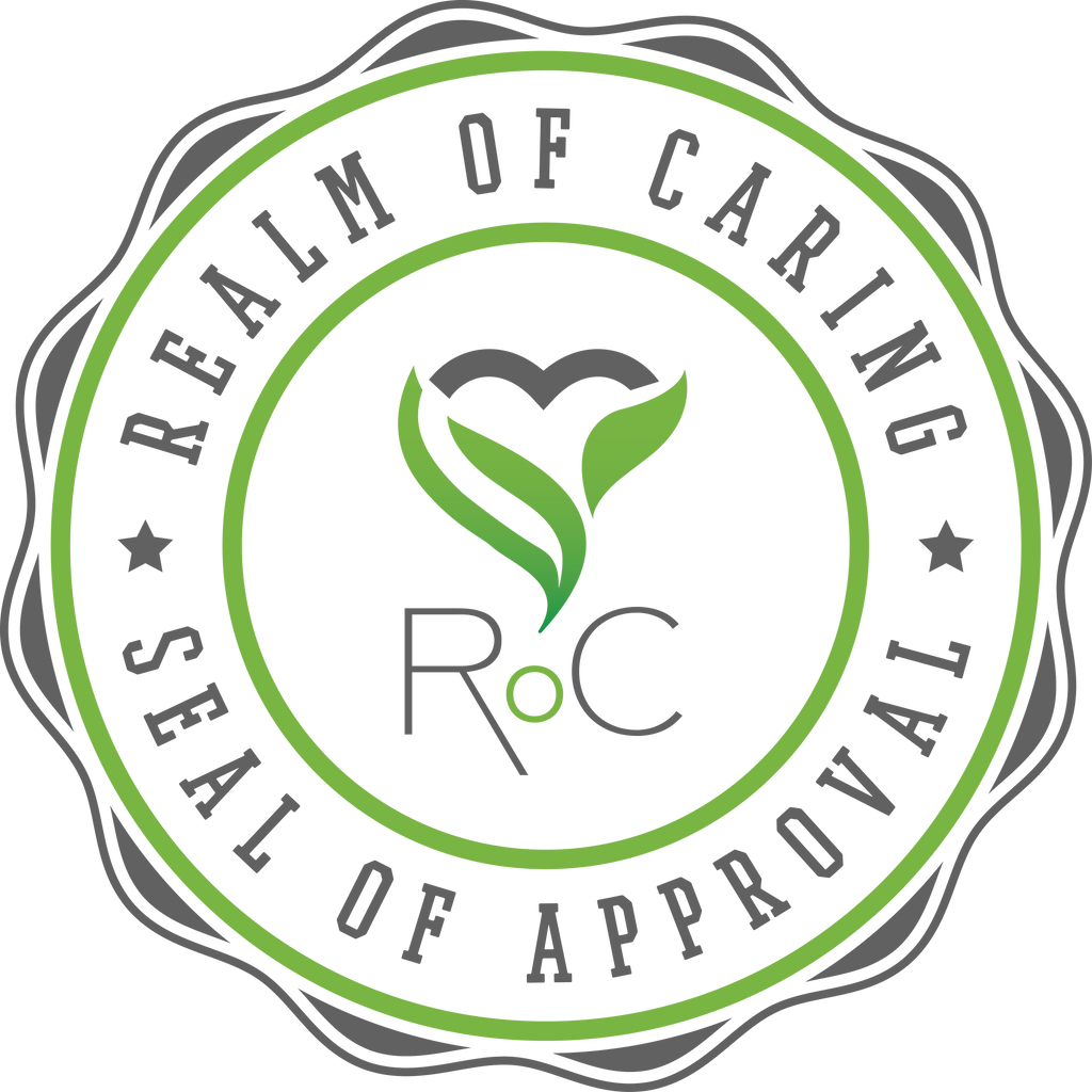 Seal of Approval logo with 'Realm of Caring' text and green and gray design.