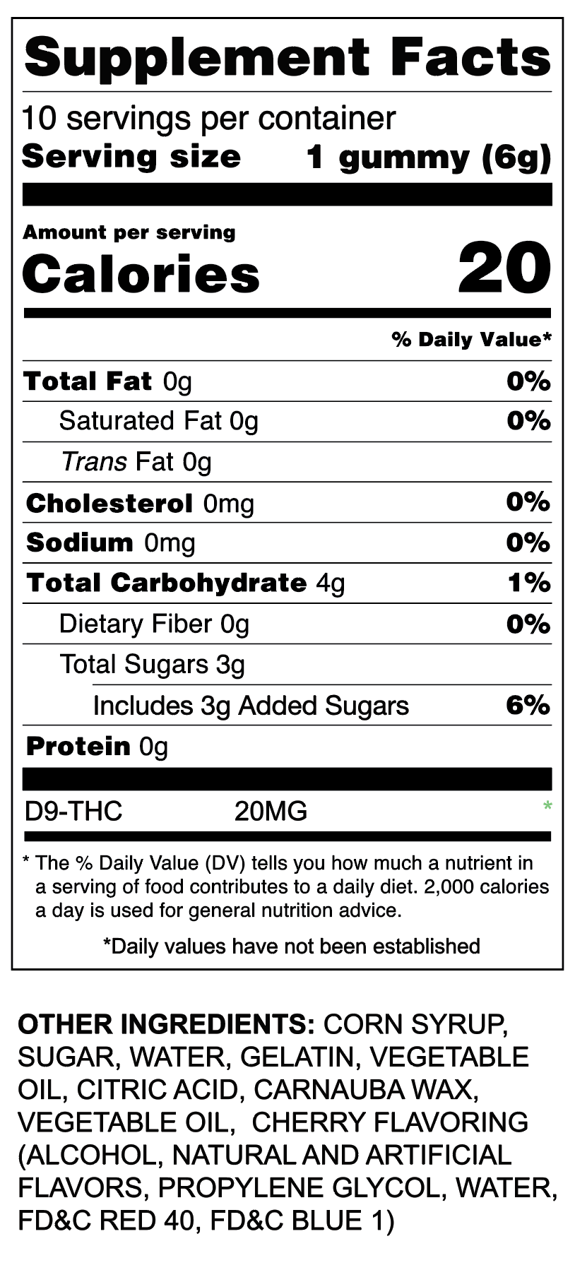 Supplement facts label for a gummy product with nutritional information and ingredients listed.