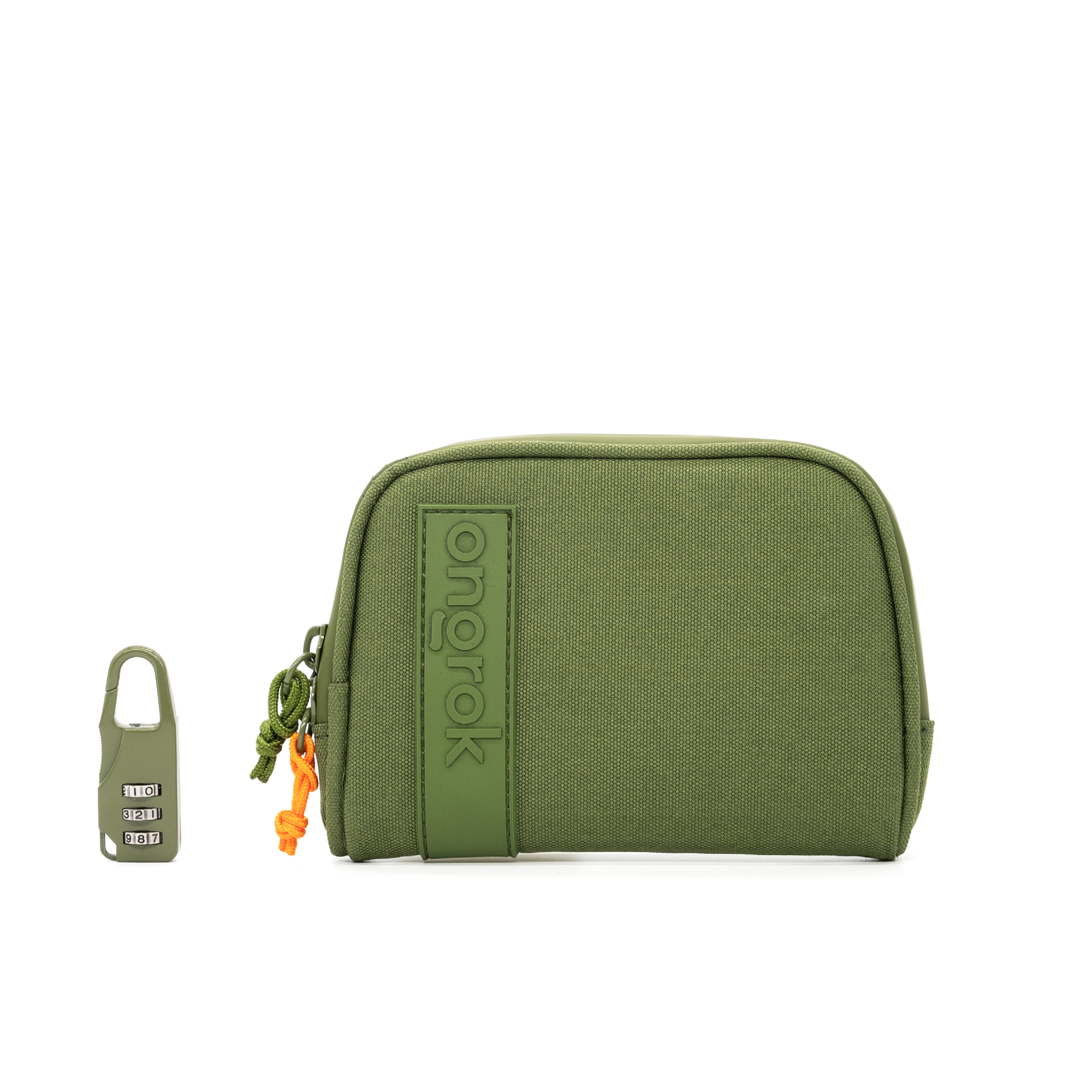 Green travel pouch with a lock on a white background