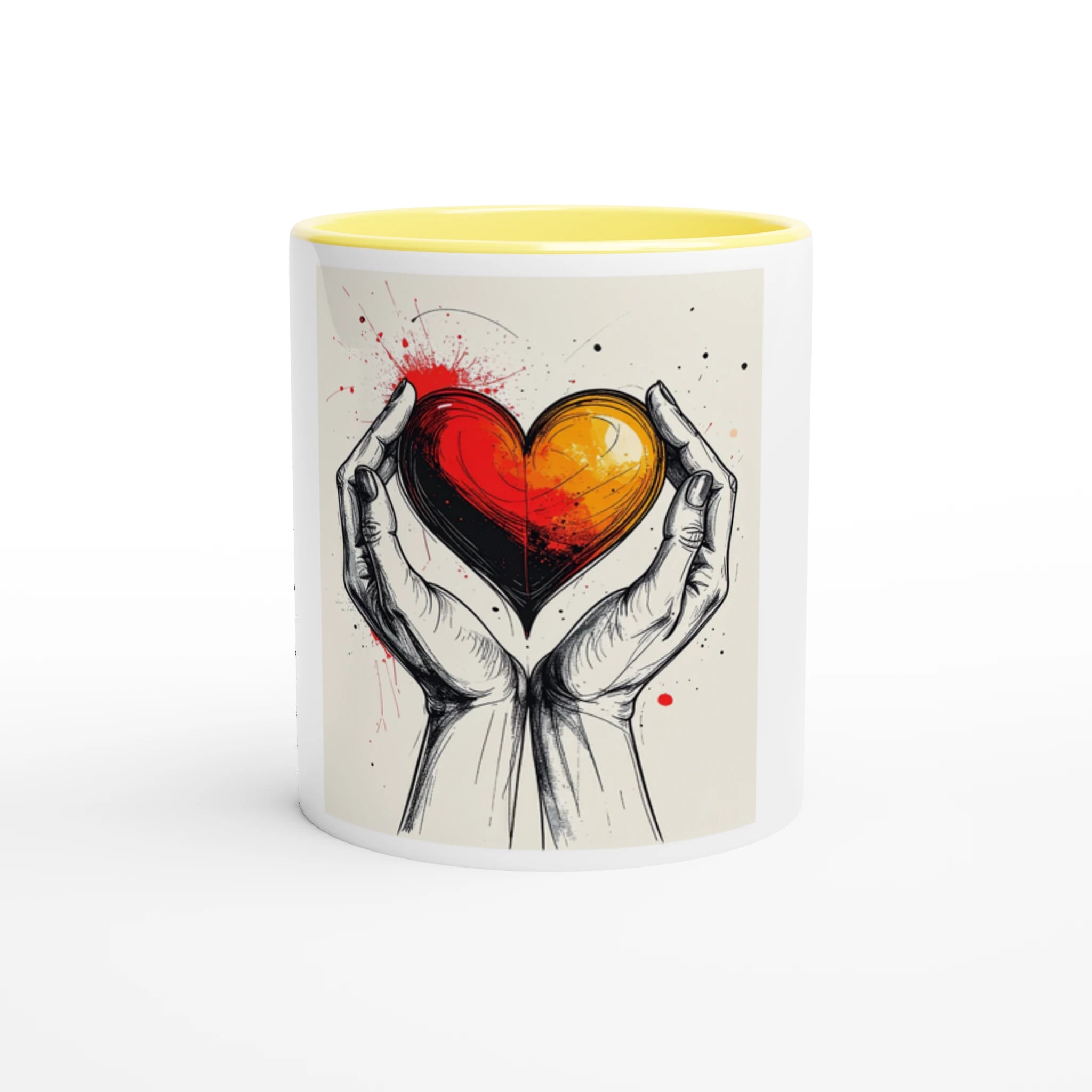 Mug with artistic design of hands holding a heart on a white background