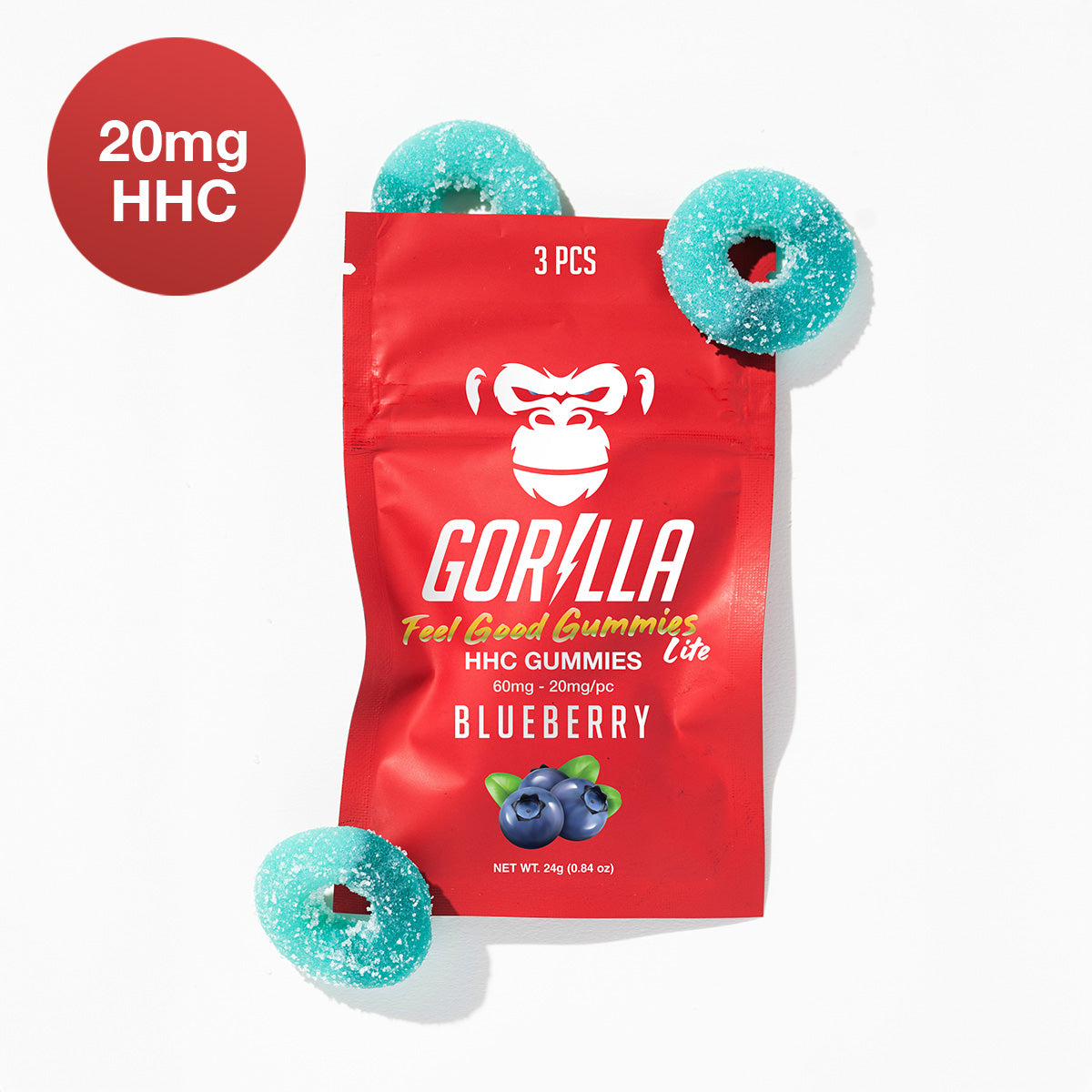 Red Gorilla Gummies packaging with blue gummy bears on a white background