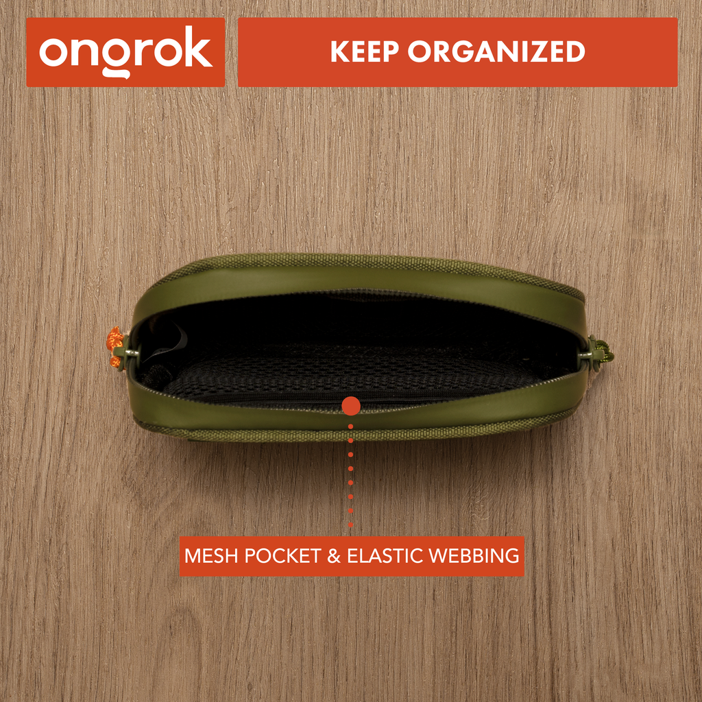 Green pouch with mesh pocket and elastic webbing on a wooden surface, featuring Ongrok branding.