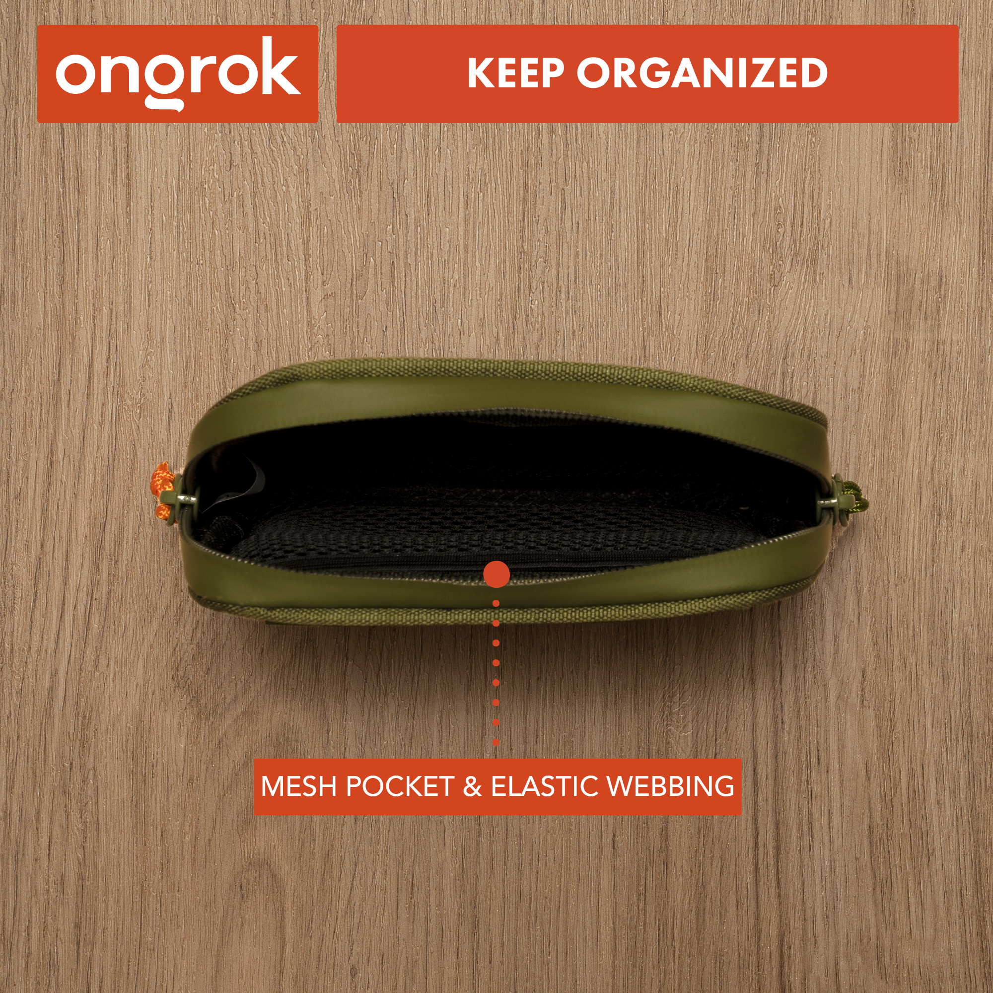 Green pouch with mesh pocket and elastic webbing on a wooden surface, featuring Ongrok branding.